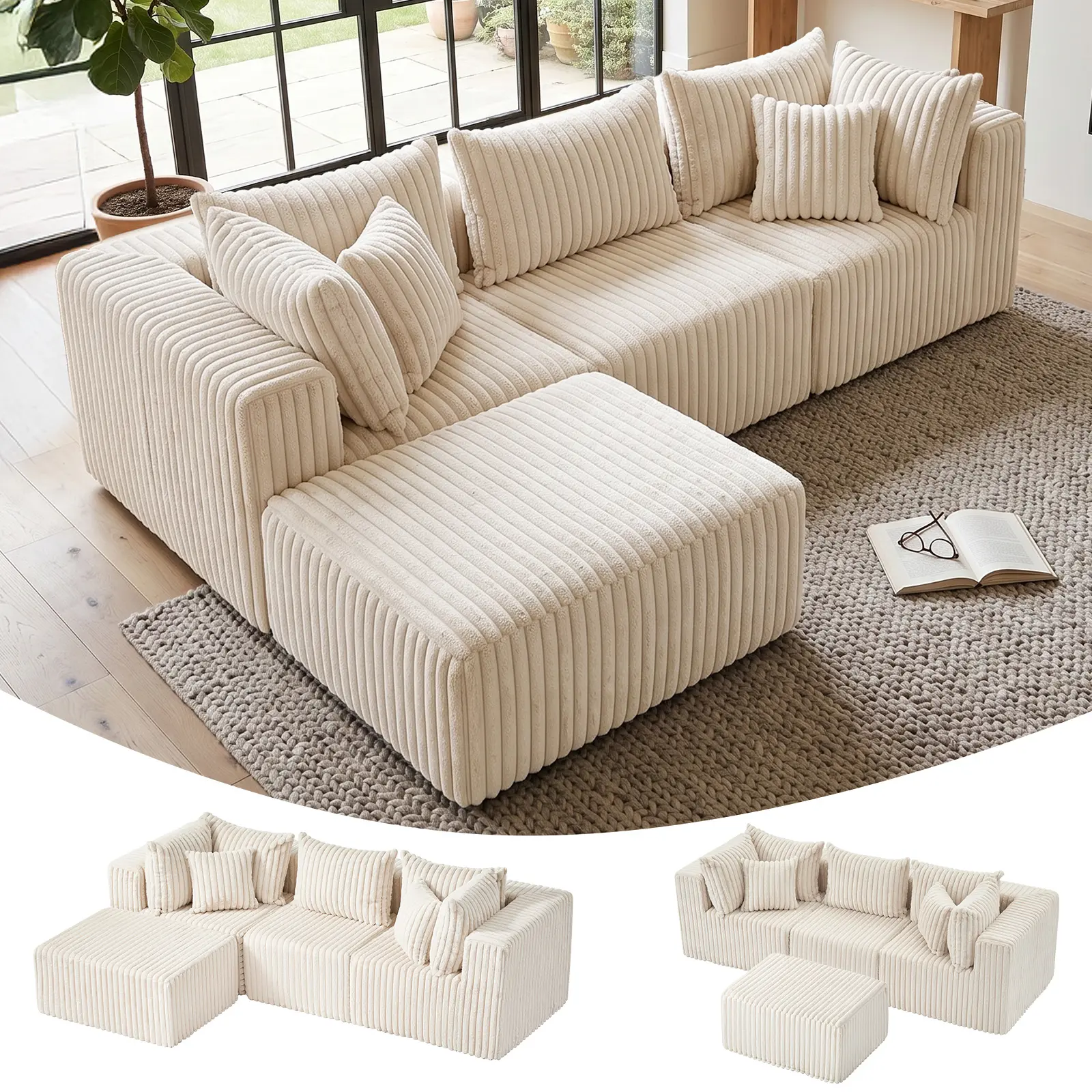 Winzoo 104" Cloud Sectional Couch with L-Shape Chaise,Modular Sectional Sofa with Deep Seat Reversible Ottoman, 4 Seat Couches for Living Room Bedroom