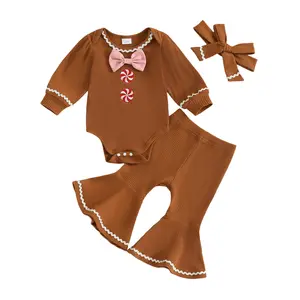 Kupretty Infant Baby Girl Christmas Outfits Set Gingerbread Man Long Sleeve Romper with Flare Pants and Headband 3Pcs Costume Set