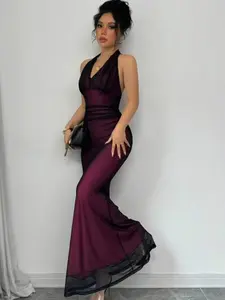 Women's Fashion Sleeveless Mesh Dress, Casual Slim-Fitting Midi Dress, Plain Pattern, All Seasons Wear, formal dress