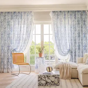 1pc French Vintage Print Linen Sheer Curtain Set, Window Curtain, Home Decoration Curtain, Ruffle Edge, Transparent Light Blocking, Multi-Stick Fit, Elegant Bedroom Balcony Decor