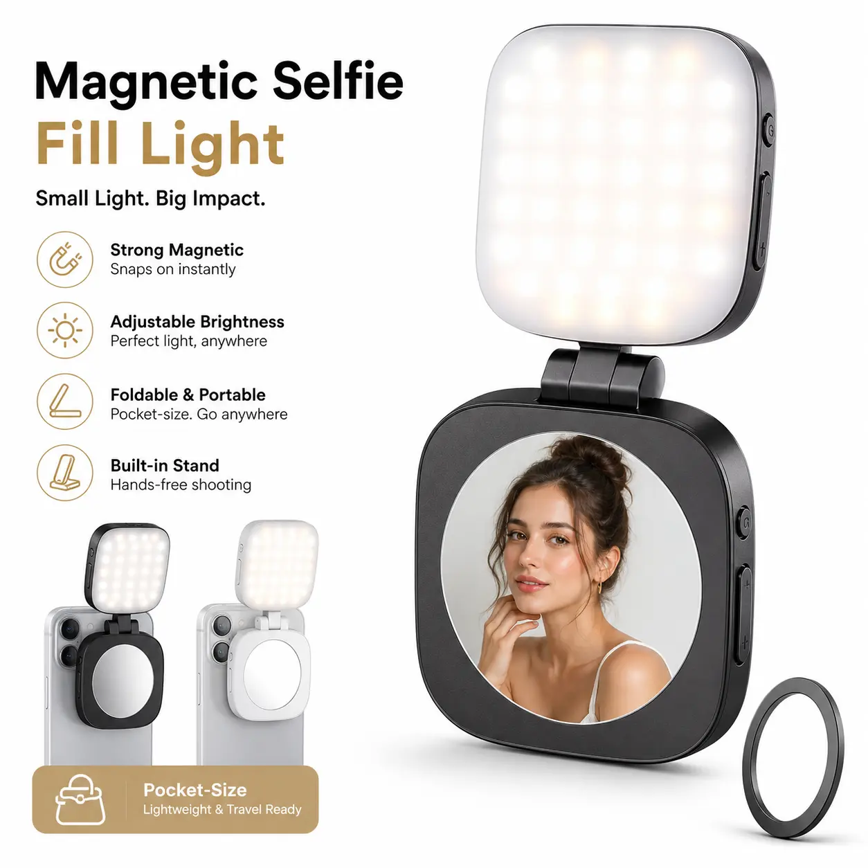 Magnetic Clip-On LED Selfie Ring Light for Phones - Dimmable Fill Light for Professional Photo & Video