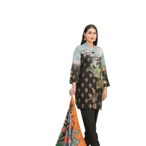 Shalwar Kameez 3 Piece Stitched Collection Featuring Elegant Floral & Geometric Patterns in Soft Black and Blue