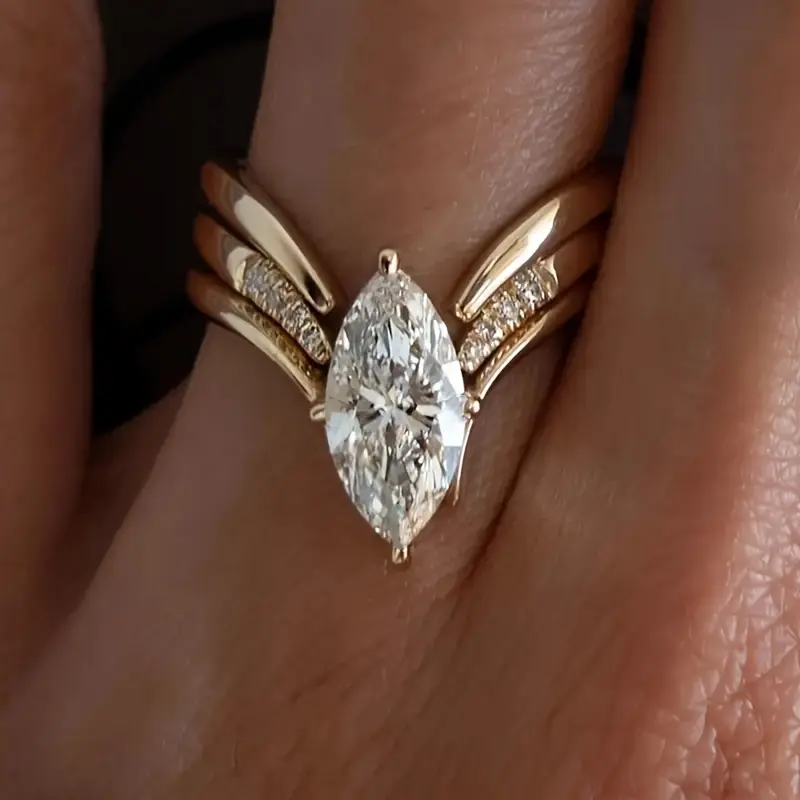 Elegant Female Wedding Ring - Marquise and Round Synthetic Zircon-Inlay, KC Gold-Plated Copper with Brilliant Shine, Marquise And Round Diamond, Zirconia