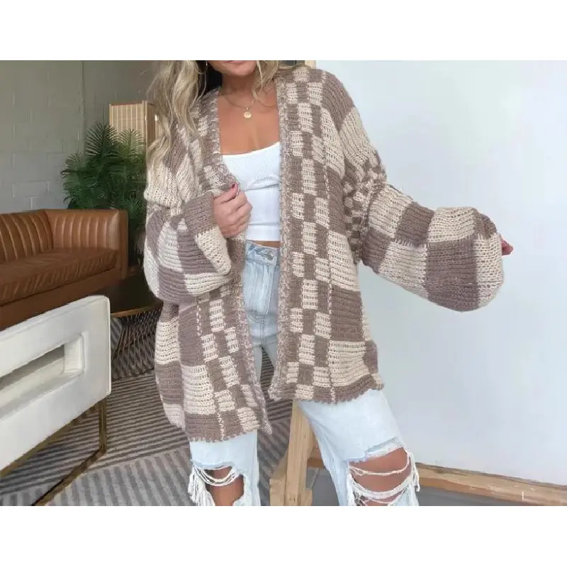 Women's Plaid Cardigan Sweater, Casual Open Front Long Sleeve Cozy Chunky Knit Fall Outwear Coat, Knitwear, Longsleeves, Tops