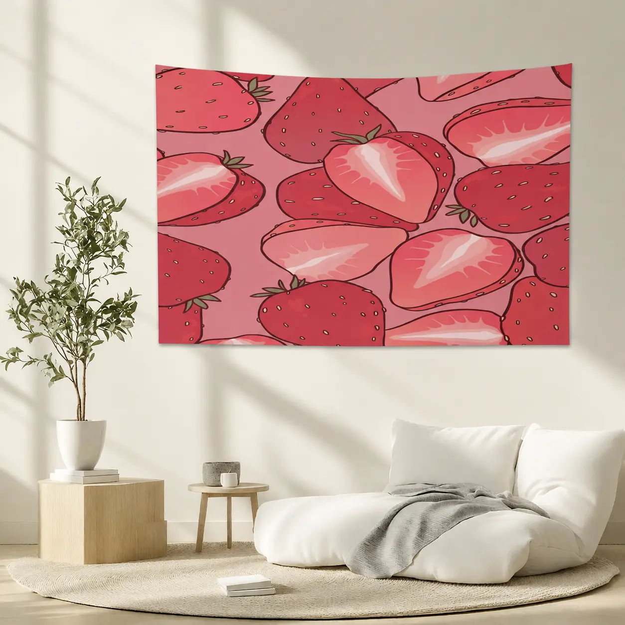 Strawberry Wall Tapestry, Pink Fruit Pattern Wall Hanging, Cute Kawaii Aesthetic Tapestry, Sweet Bedroom Living Room Decor