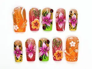 Tropical Floral Press On Nails 3D Tropical Flowers Nail Art Ladybug Tiger Print Kawaii Nails