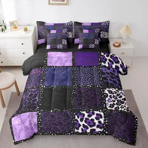 Feelyou 7-Piece Purple Leopard Print Bed Comforter Set - Animal Skin Texture Bed-in-a-Bag with Patchwork Geometric Design, Includes Comforter, Sheet Set, Pillowcases & Pillow Shams, Farmhouse Bedroom Decor