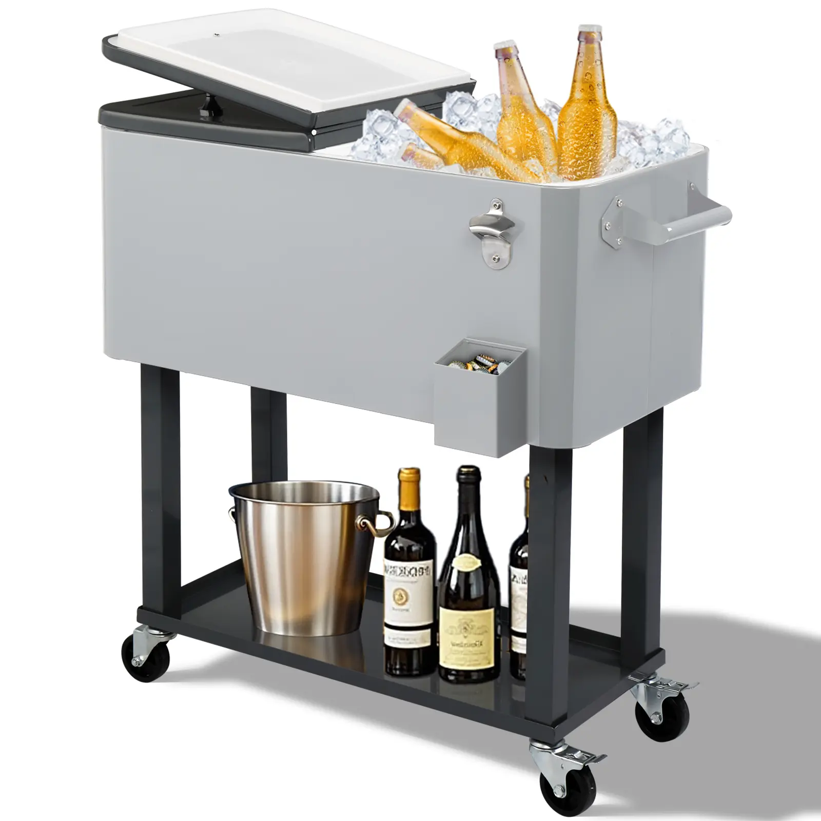 80QT Iron Spray Cooler with Shelf, Patio Cooler Rolling Cooler Ice Chest, Wheels and Bottle Opener, Portable Patio Party Drink Cooling Cart, 80 Quart, Beverage Pool, Rectangular Plastic Box Iron Foot Tube Refrigeration