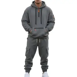 Men's Winter Fleece Casual Set, Loose Sporty Hooded Sweatshirt Jacket & Pants, Warm Long Sleeve Multi-Pocket Workwear for Cold Weather