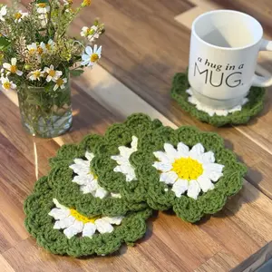 Crocheted Daisy Coasters Set of 2 Handmade Tableware with Assorted Stickers Full of Love and Effort
