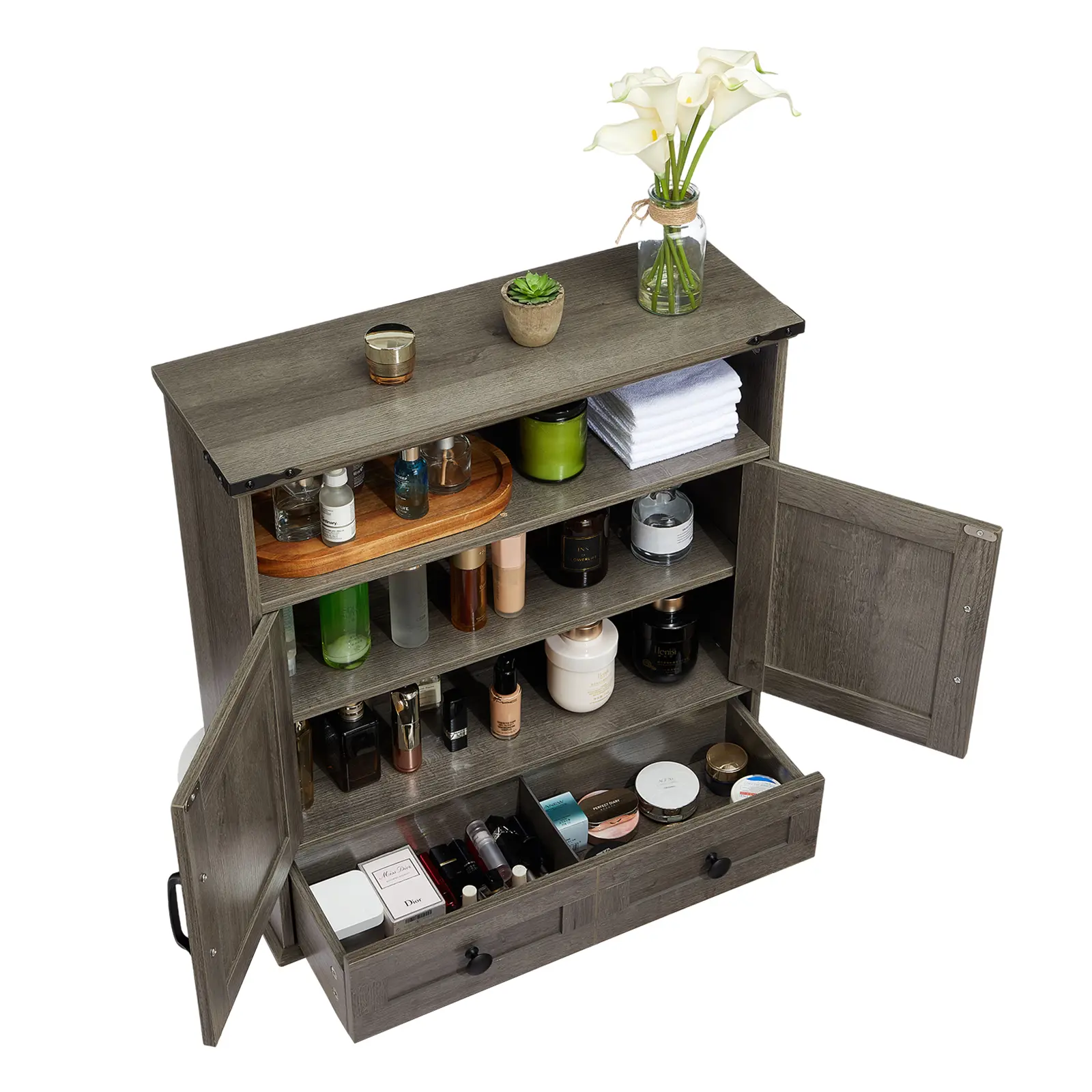 Rustic Traditional Bathroom Wall Cabinet - Wall-Mounted Engineered Wood Medicine Cabinet with Barn Doors, Black Handles, Adjustable Shelf - 25x23.6x9in Storage for Bathroom, Laundry, Wall Mount Kit