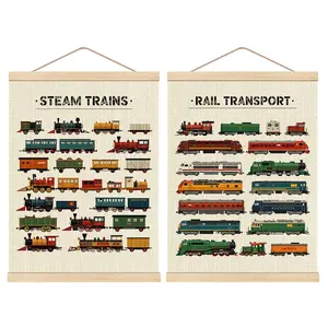 Steam Trains Wooden Poster Hanger Frame 16x24 Inch Vintage Locomotives Rail Transport Hanging Wall Art For Boy Room Playroom Set Of 2