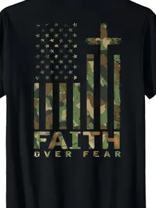 Men'S Inspirational Camo & American Flag T-Shirt |   Faith Over Fear Motif, Short Sleeve, Crew Neck, All-Season Casual Wear, Soft Comfortable, Machine Washable, Plus Size Big & Tall, Perfect Gift for Christmas, Black Friday Special Offer