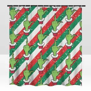 Funny Christmas Shower Curtain, Red Green White Striped Holiday Bathroom Decor, Funny Christmas Themed Waterproof Fabric Shower Curtain for Christmas Bathroom Accessories
