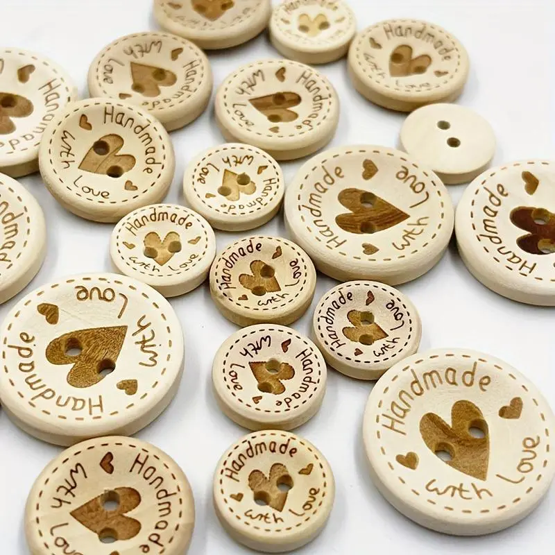 50pcs Heart-Shaped Wooden Buttons - Assorted Sizes 15mm/20mm/25mm for Sewing, Scrapbooking, Gift, Handwork, Handmade, Love, Home Decor, and Clothing Decoration, Handcrafted, Embroidered, Decorative