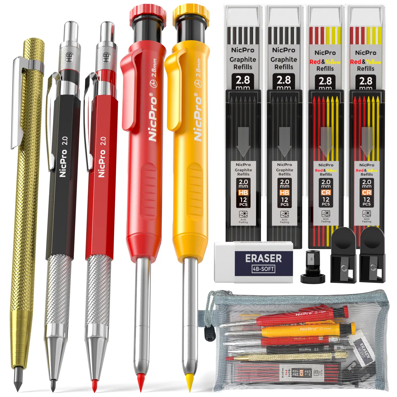 Nicpro 5 Pack Mechanical Carpenter Pencil Set with Sharpener, 76 Refills(Black, Red, Yellow) & Carbide Scribe Tool, Deep Hole Markers Construction Hea