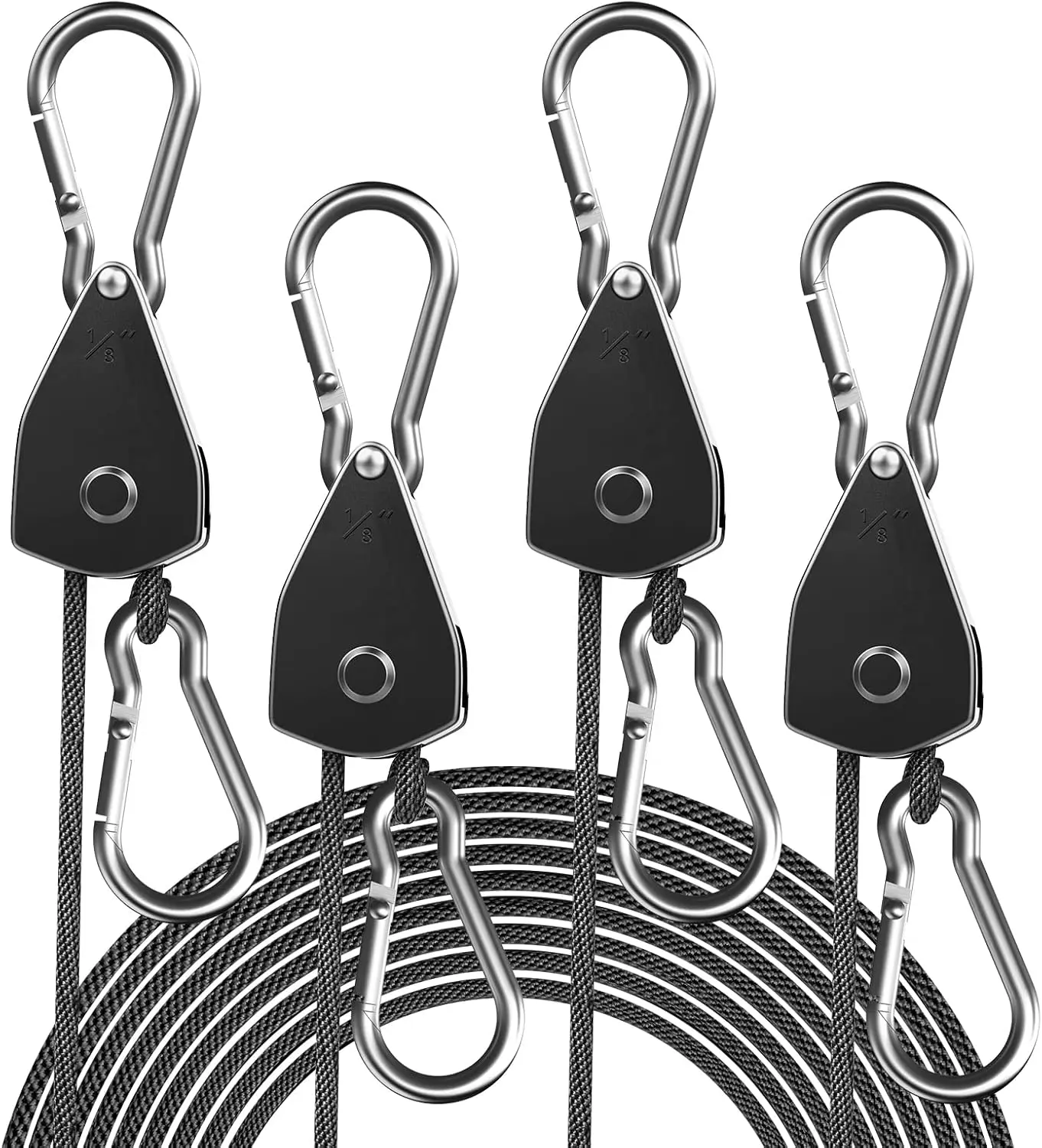 4-Pack Adjustable Rope Hanger 1/8", Heavy Duty Ratchet Straps with Metal Gear, Strong Pulley System for Hanging Plants, Grow Lights, Kayaks & General Tie-Downs