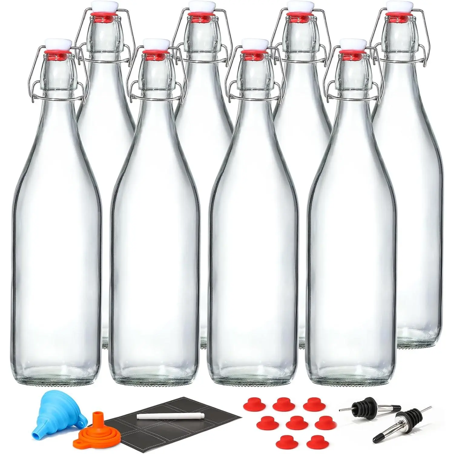 8 Pack 1L/33 fl. oz. Transparent Silicone Seal Swing Top Glass Preserving Bottles - Airtight Stopper Lids, Vanilla Gift Box, Plastic Pourers, Stainless Steel Brush (8 Extra Seals, 2 Pourers) for Fermentation, Kombucha, Leakproof, 1 White Pen