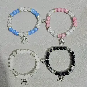 4pcs Y2K Matching Spider Charms Glass Beads Bracelet Bracelets for Couple Friends, Fashion Valentine's Day Theme Jewelry Accessory, Daily Wear