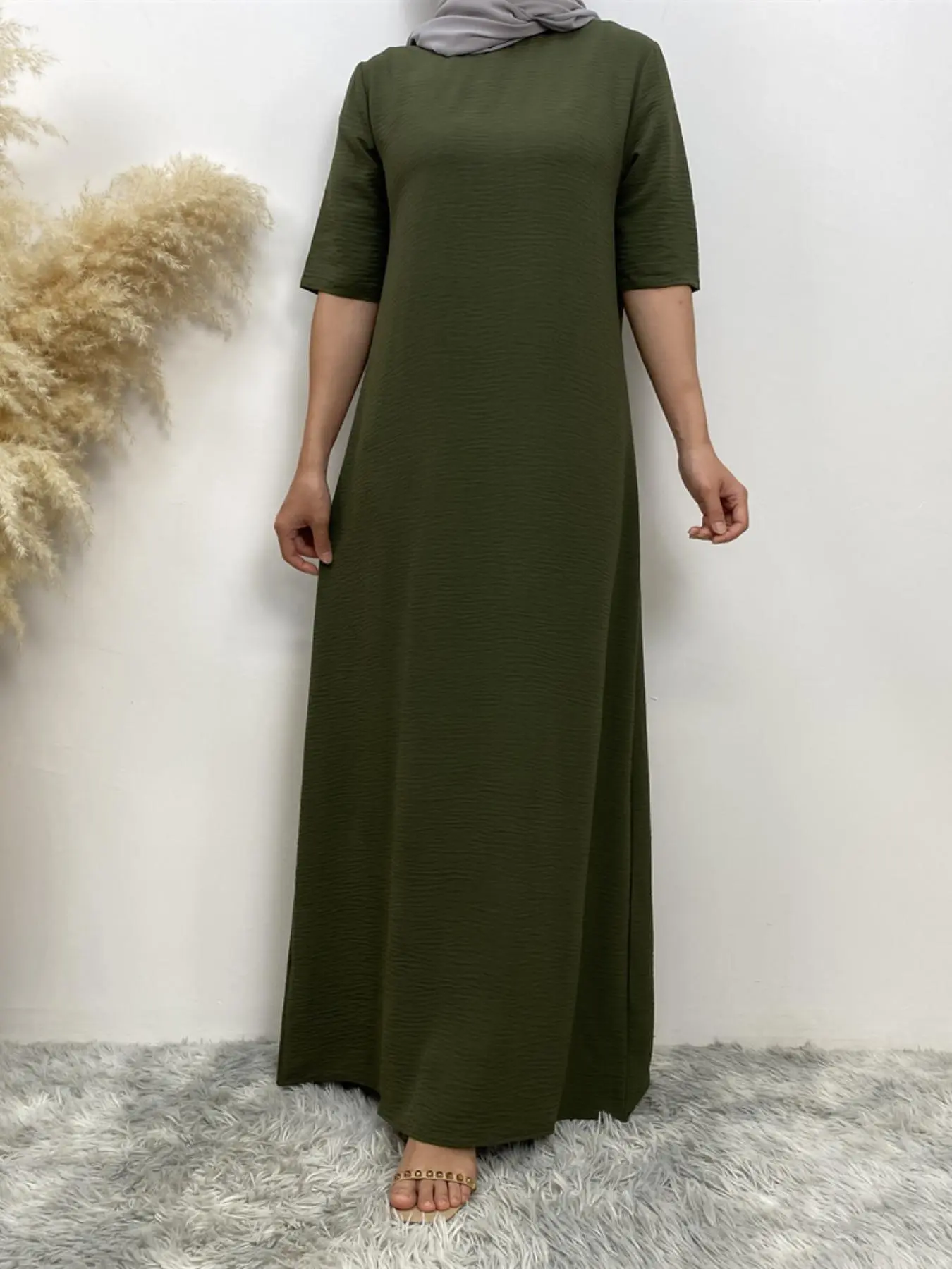 Women's Solid Color Round Neck Long Dress, Kaftan Dress, Casual Half Sleeve Long Dress for Daily Wear, Ladies Clothes for All Seasons