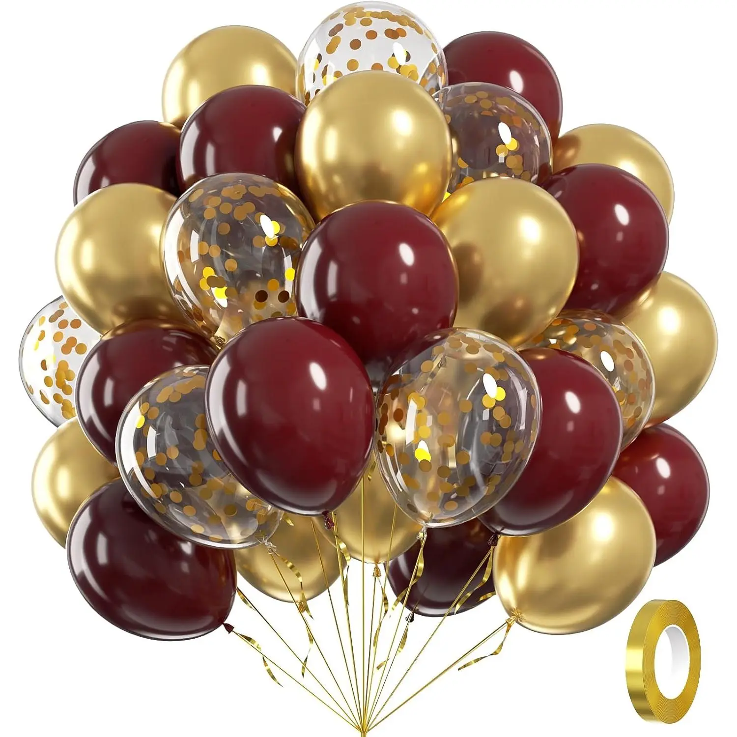 60pcs Burgundy and Gold Balloons 12inch, Maroon and Gold Balloons with Metallic Gold Confetti Balloons for Graduation Birthday Bridal Shower Party Decorations
