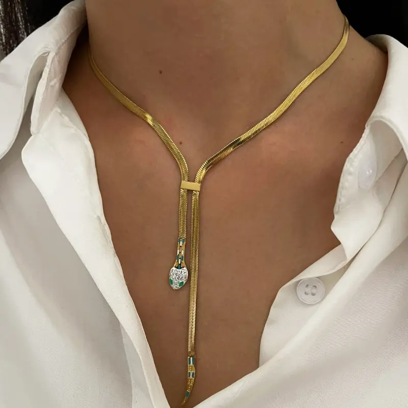 Stylish Stainless Steel Snake Chain Necklace for Women, Flat Bone Link Design with Rhinestone Accents, Perfect for Parties and Casual Attire