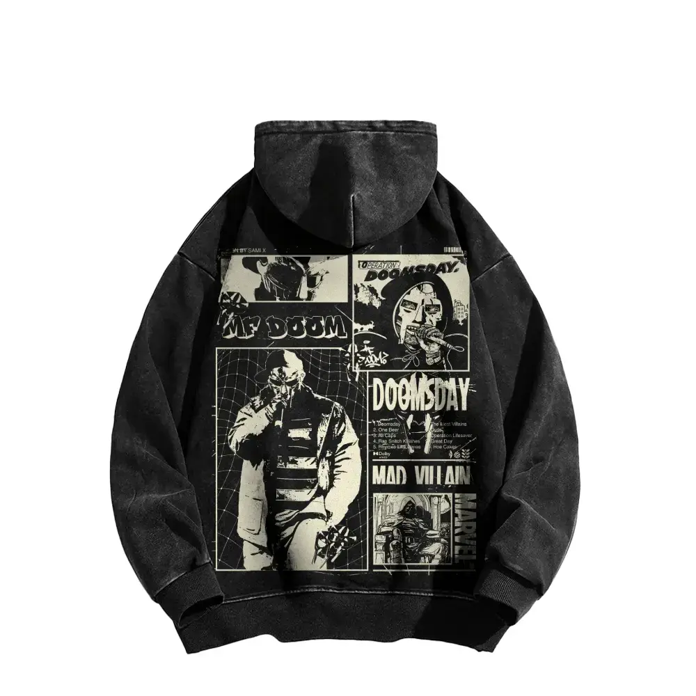 Men's MF Doom Washed Hoodie - 90s Hip-Hop Street Style, USA-Made Black Casual Cotton, Relaxed Fit, Eco Print, Long Sleeve Shirt, Machine Wash, for Retro Music Lovers, Tops, Sweatshirt