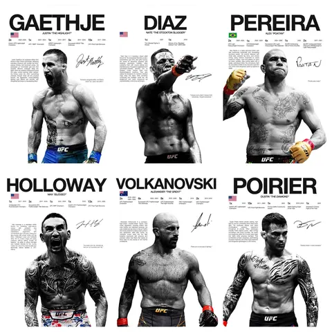 Artistic UFC Legendary Stars Canvas Poster Photo Artwork - Signed-Style Prints of Pereira, Volkanovski, Holloway, Diaz, Gaethje, Poirier - MMA Fan Gym Collectibles, Dorm Decor for Guys
