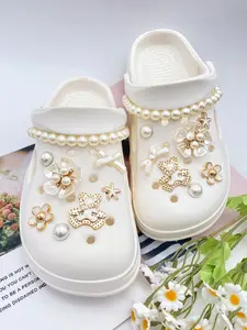 16 Piece Abs Pearl Chains Set, Camellia Stars Letters Bear Bow Five-Petal Flower, DIY Shoe Clips Accessories for Women Sandals Slippers Beach Bags, Croc Charm Set, Bling Shoe Charms, Shoe Decoration Charms