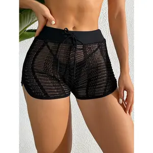 SwimWeekWomen's Hollow Out Cover Up Shorts High Waisted Semi Sheer Tie Front Cover Up Bottoms (Panty not Included)