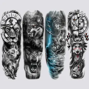 4-Piece Temporary Tattoo Sleeves Set, Full Arm Wolf Lion Flash Tattoos, Waterproof Body Art Stickers for Men Women, Party Accessories