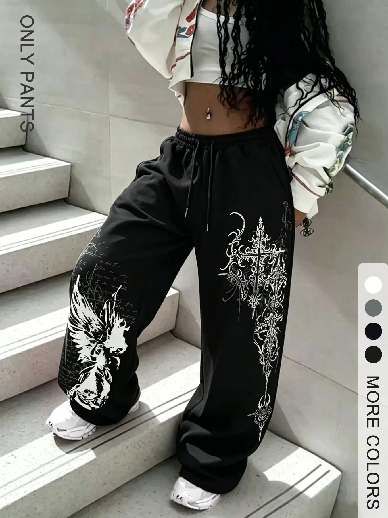 Women's Oversized Loose Print Drawstring Adjustable Sweatpants, Gothic Cross Angel Wings Graphics Streetwear, Y2K Style Casual Wide Leg Pants, Baggy Legged Pants, Trendy Fashion Apparel, Casual Style Bottoms, Womenswear