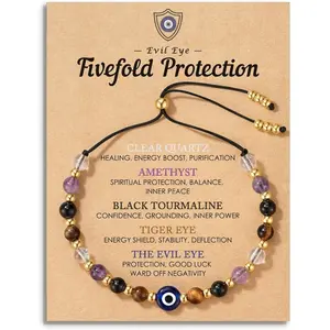 Evil Eye Dainty Bracelet with Natural Crystals - Adjustable Clear Quartz Amethyst Black Tourmaline Tiger Eye Stone Bracelet, Spiritual Jewelry Gift with Meaning Card Handcrafted
