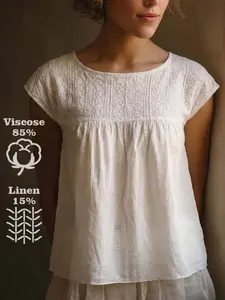Boho Style Solid Linen Shirt Blouse for Women, Casual Loose Hooked Floral Decor Round Neck Short Sleeve Top, Fashionable Daily Wear Womenswear