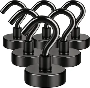 Black Magnetic Hooks, 30LB Strong Neodymium Magnet Hook for Cruise, Grill, Towel, Indoor Hanging, Kitchen, Workplace, Office and Garage - 6 Pack