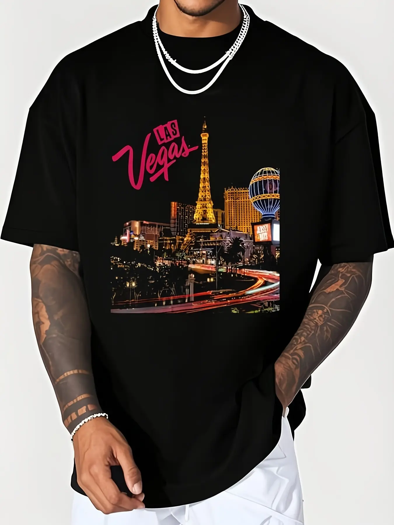 Men'S Las Vegas T-Shirt| Vegas Strip Night Life Souvenir and Gifts, Graphic Tees, Crop Tops, Outfits, Tops, Breathable, Sweat-Wicking, Soft, Crew Neck, Regular Fit, All-Season, Vintage Style, Geometric Pattern