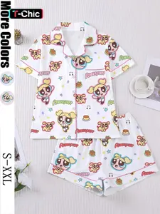 Flying Girl Print Women's Pajama Set, Short Sleeve Button-Up Soft Top and Loose Elastic Shorts, Casual Home Wear Loungewear for Daily Use Nightwear Pjs