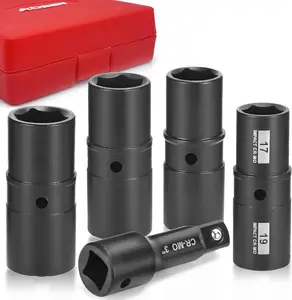 5 PCS 1/2" Drive Impact Socket Set – Flip Sockets with Cr-Mo Steel, SAE & Metric Sizes, Includes 3" Extension Bar for Lug Nut Removal