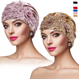New Shiny 3D Flower Turban Bonnet for Women Muslim Scarf Hijabs Wedding Party Caps Pleated Beanie Headwrap Hair Accessories