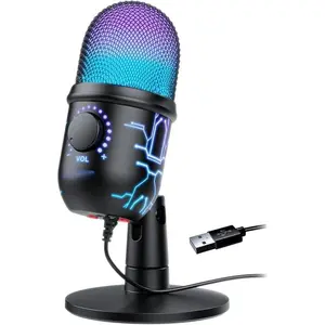 Gaming Microphone, USB Computer Microphone for PC, Mac, PS4/5, Condenser Podcast Mic for Studio Recording, YouTube, Streaming, with Headphone Jack, Led Light, Mute, Gain, Noise Cancellation