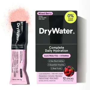 DryWater Complete Daily Hydration (12 Pack) - Mixed Berry. 6 Electrolytes + 5 Vitamins + 1 Amino Acid. No Added Sugar, Nothing Artificial, Real Fruit, Vegan, Gluten Free - (12 Stick Packs)