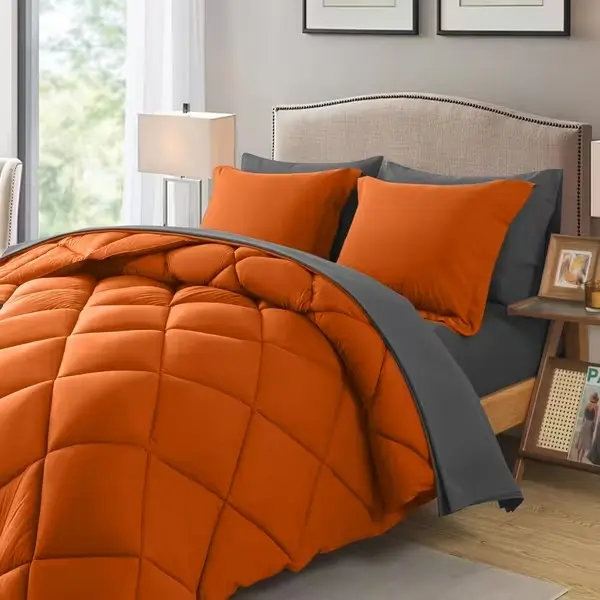 Cosybay 7pcs Luxurious Comforter Set-Breathable Comforter-Ultra-Soft Fluffy Fiber Filling, Warmth for All Seasons-Quilted Comforter, Flat Sheet, Fitted Sheet, Pillowcases, Pillow Shams, Bed In A Bag, Pumpkin Color Halloween Comforter Queen Size