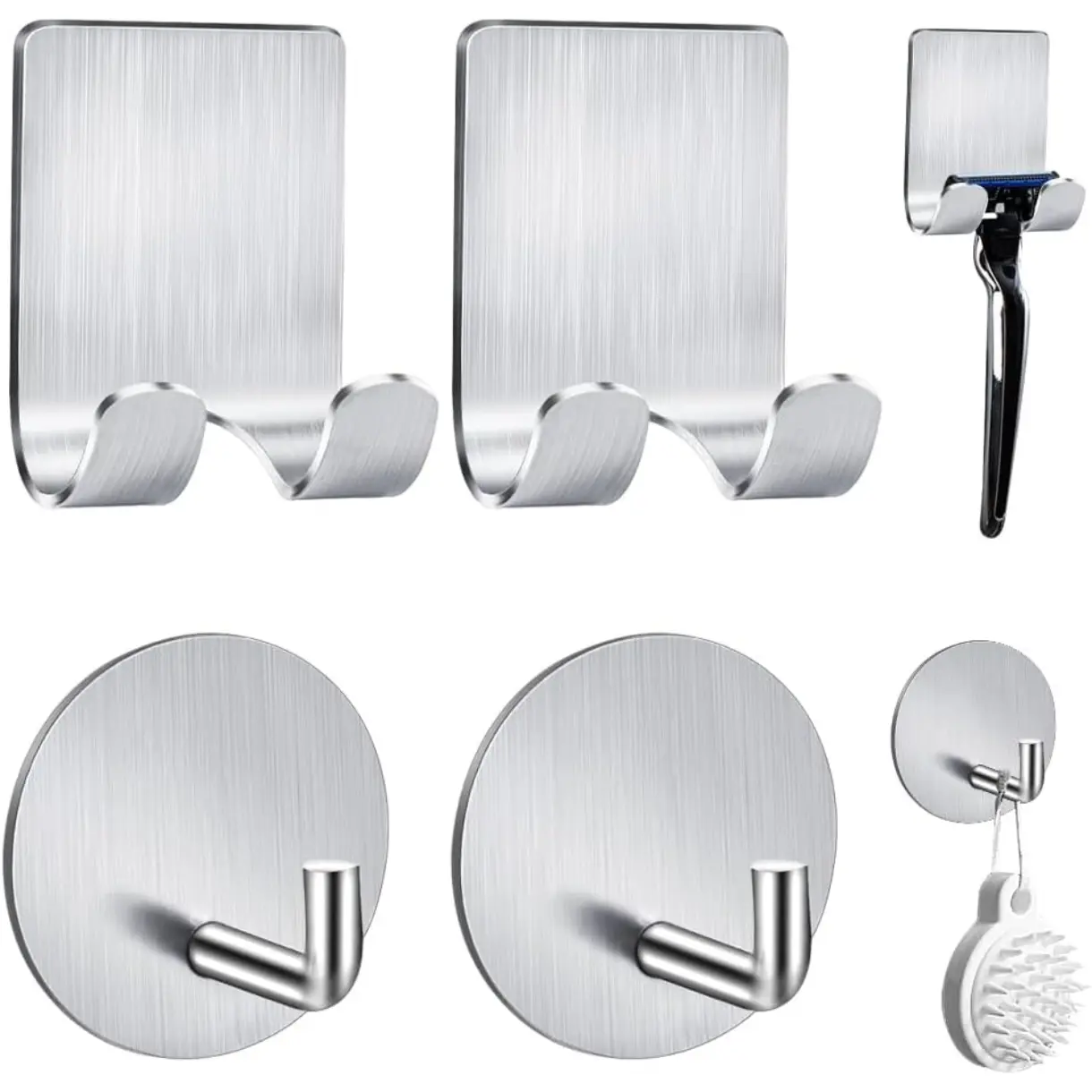 2-Pack Razor Holder For Shower + 2-Pack Adhesive Wall Hooks, 304 Stainless Steel Self Adhesive Shower Razor Holder And Waterproof Sticky Hooks For Bathroom Kitchen Organize Towels, Clothes, Hats