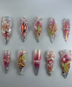 Iridescent Spring Garden Press On Nails | 3D Tulips, Lilies, Pearls & Bows on Holographic Base | Elegant Floral Fantasy Nail Art Set