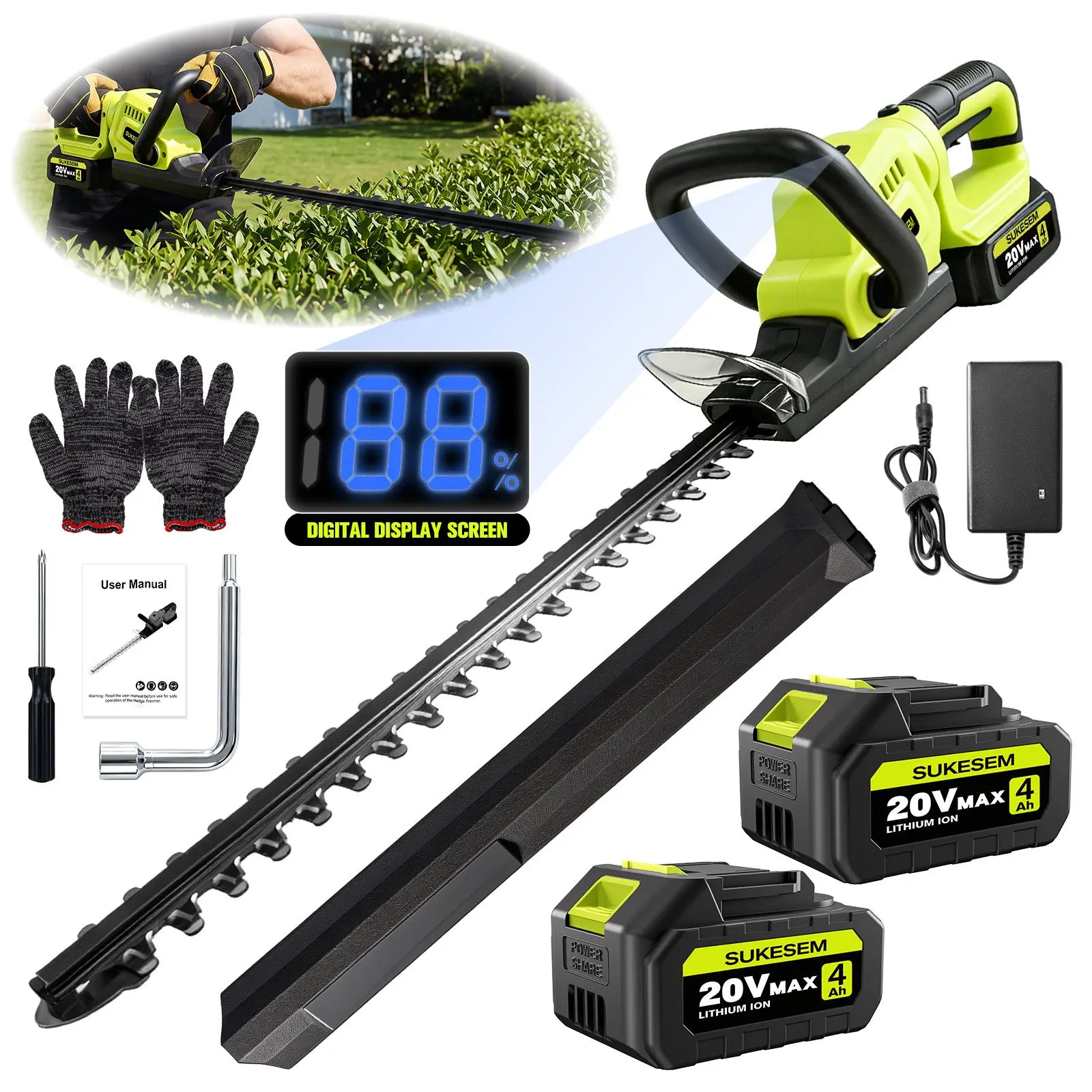 SUKESEM 20V Cordless Shrub Trimmer, Handheld Grass Cutter & Pruning Tool with 180° Rotatable Head, Equipped with 4.0Ah Battery and Charger, Suitable for Garden, Lawn, Hedge and Yard Maintenance