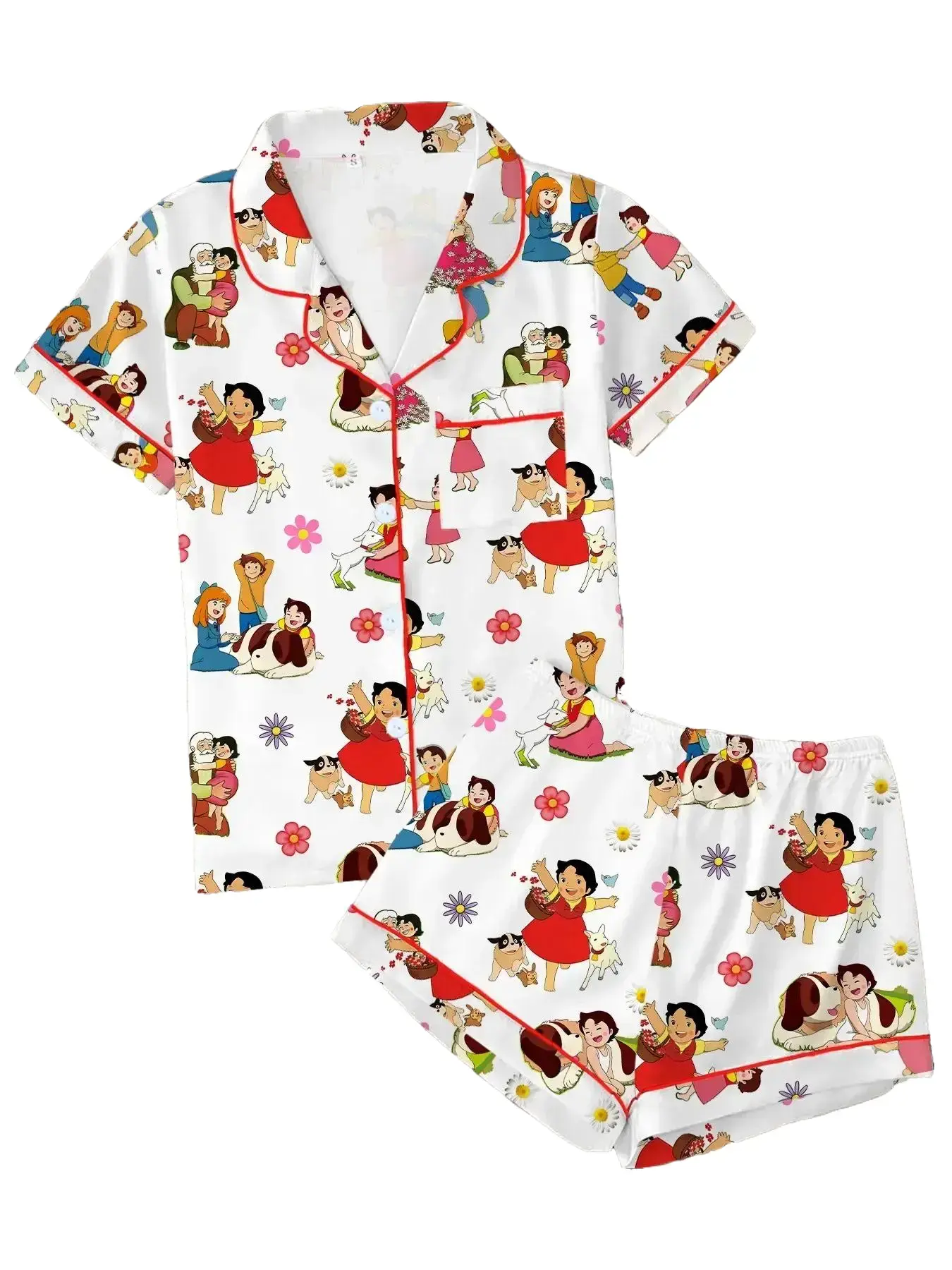 Vintage Farmhouse Pajama Set, Alpine Girl & Puppy Print Sleepwear, Soft Short Sleeve Button Up Top & Shorts, Cute 2 Piece Lounge Set Gift
