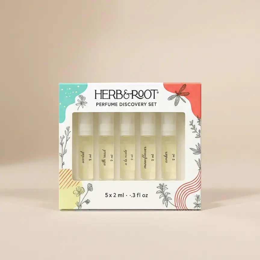 HERB & ROOT Perfume Discovery Set - 5 Travel-Ready 2ml Sprays Including Amber, Moonflower, A La Mode, Santal, Silk Road - Perfect for Gifting