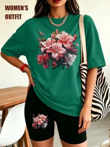 Women's Casual Short-Sleeve Set, Azalea Floral Bouquet Print, Multiple Colors Available, Machine Washable, Spring & Summer Style, Soft Skin-Friendly, Daily Versatile, Fashion Design