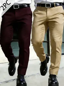 2-pieces Men's New Loose Straight Leg Elastic Solid Color Formal Pants, Casual Pockets, Anti-Wrinkle Comfortable Business Casual Trousers for Work and Weekend, Casual Fashion Pocket