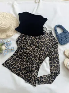 Women's Two-Piece Set Outfit Leopard Print Long Sleeve Top, Slim Fit Layered Blouse, Stylish Mesh Fabric, All Seasons Fashion